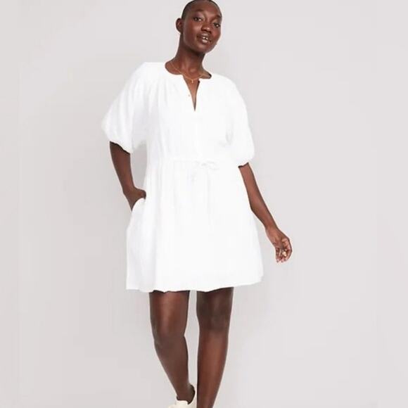 Old navy gauze white puff sleeve mini dress button front boho bridal - Picture 1 of 8